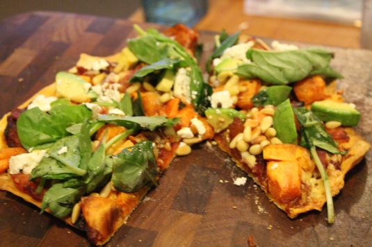 Homemade Pizza - Sweet Potato, Pinenuts, Baby Spinnach, Avocado and Persian Fetta 
