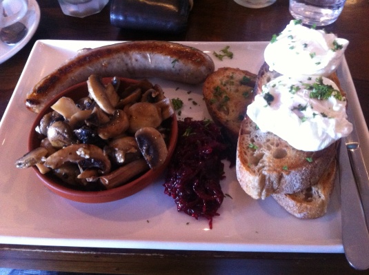 Eggs on Sourdough, House Made Beetroot Relish - Poached with Garlic Mushrooms and Italian Sausage 